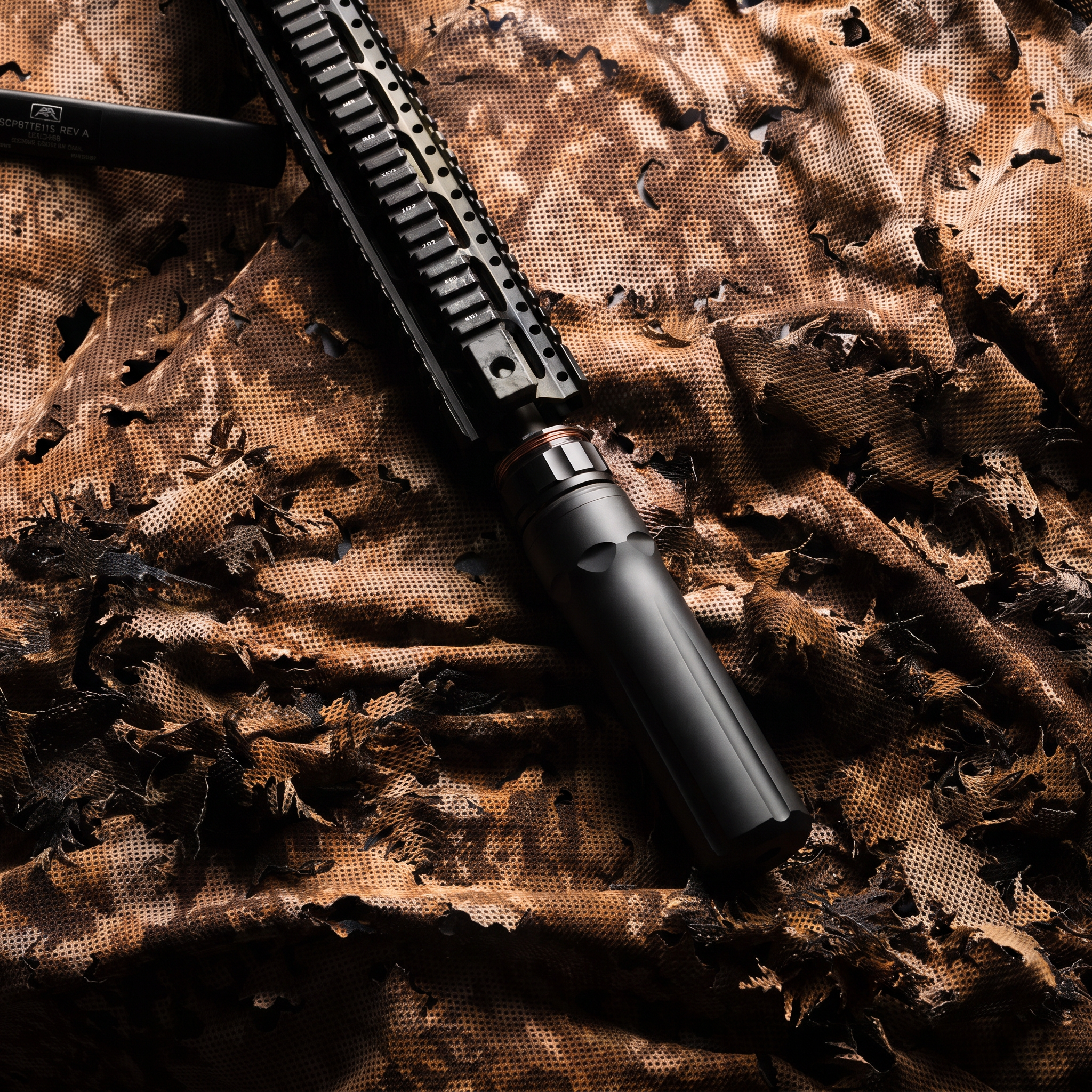 Cloak suppressor laid on desert ghillie fabric — macro engineering detail